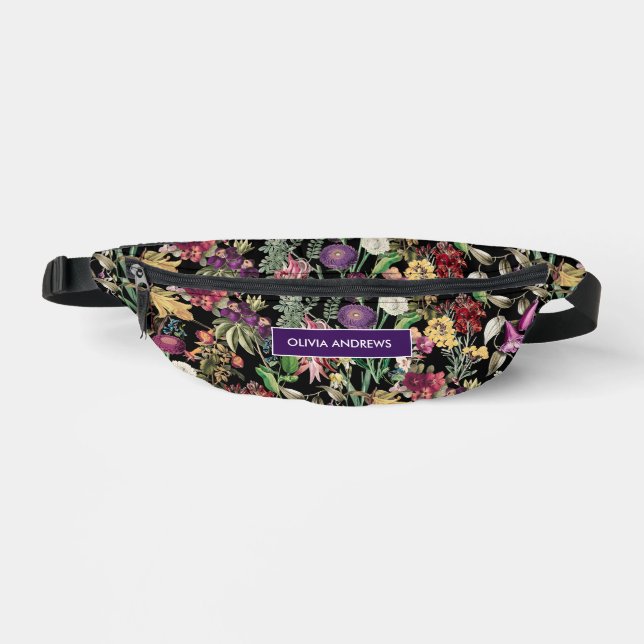 Elegant flowers and leaves black floral Pattern Bum Bags (Front)
