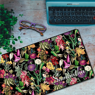 Elegant flowers and leaves black floral pattern desk mat