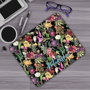 Elegant flowers and leaves black floral pattern mouse mat