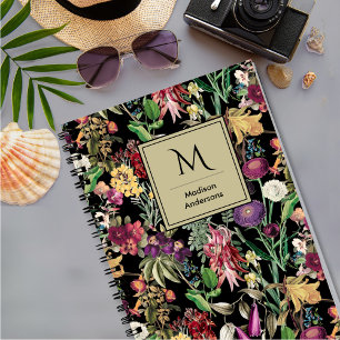 Elegant flowers and leaves black floral pattern notebook