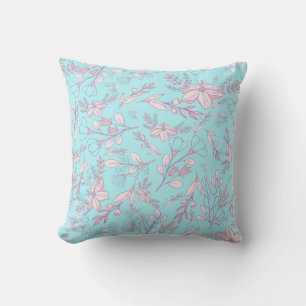 Elegant Flowers and Leaves on Blue Background   Cushion