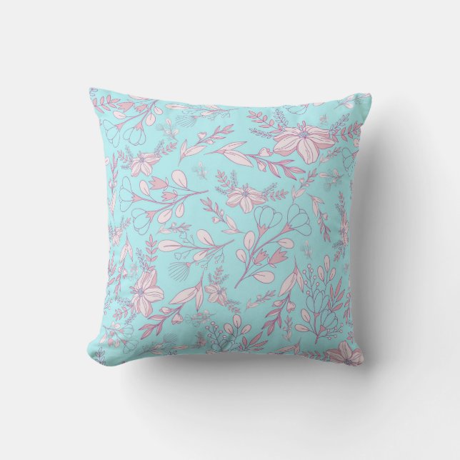 Elegant Flowers and Leaves on Blue Background | Cushion (Front)
