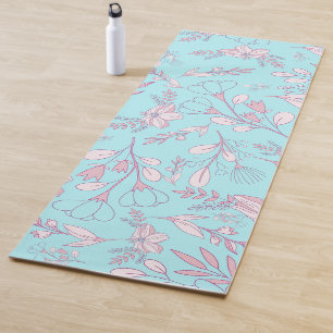 Elegant Flowers and Leaves on Blue Background Yoga Mat