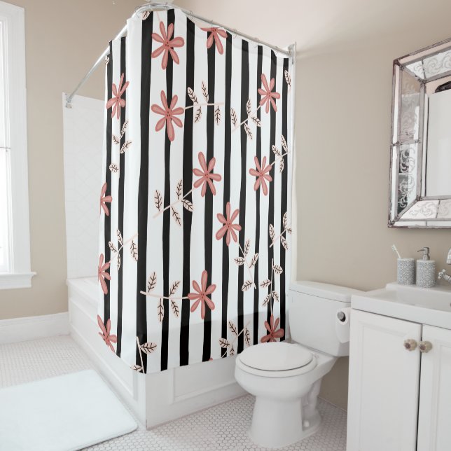 Elegant flowers and stripes pattern shower curtain (In Situ)