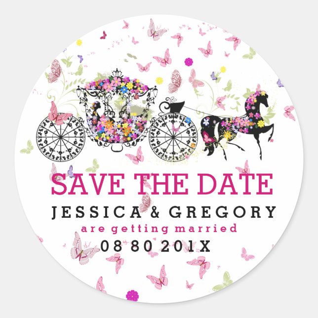 Elegant Flowers And Wedding Horse & Carriage Classic Round Sticker (Front)