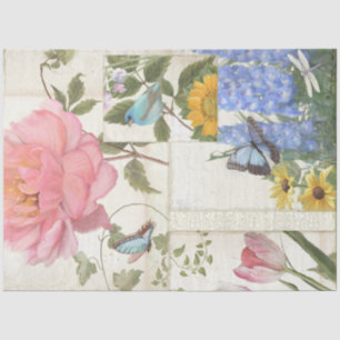 Elegant Flowers Blue Pink Butterfly Bird Decoupage Tissue Paper