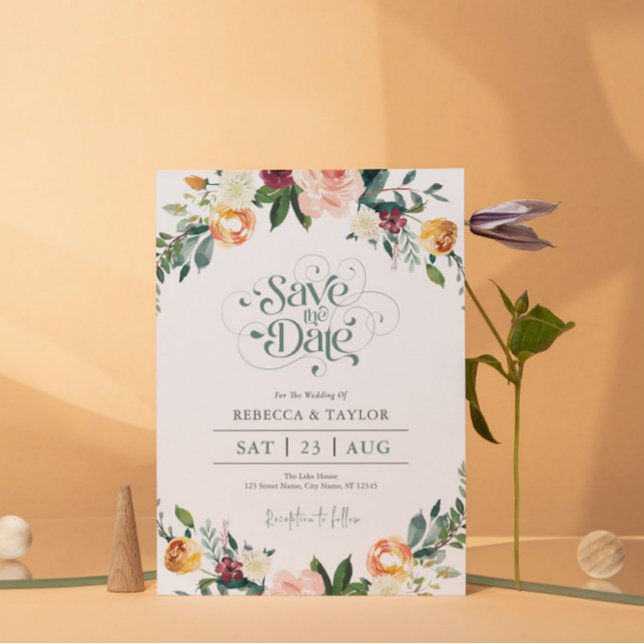 Elegant Flowers Border Save the Date Typography Invitation (Creator Uploaded)