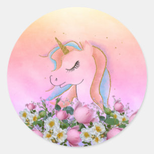 Elegant Flowers,Colourful,Rainbow Unicorn Classic Round Sticker