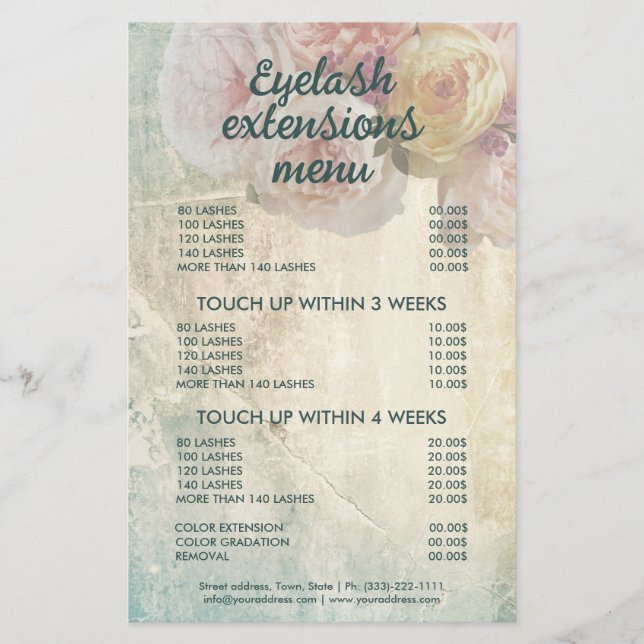 Elegant Flowers Eyelash Menu Vintage Pink Peony (Front)