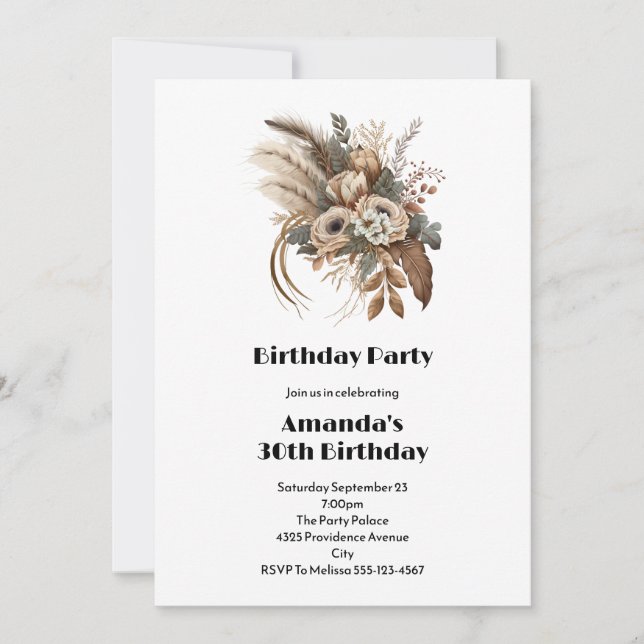 Elegant Flowers Foliage and Feathers Birthday Invitation (Front)