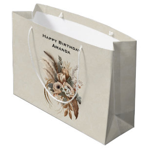 Elegant Flowers Foliage and Feathers Birthday Large Gift Bag