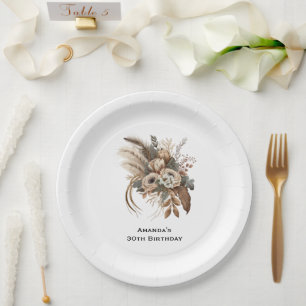Elegant Flowers Foliage and Feathers Birthday Paper Plate