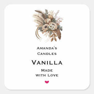 Elegant Flowers Foliage and Feathers Candle Craft Square Sticker