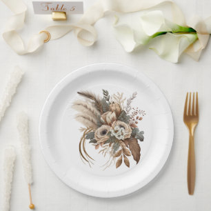 Elegant Flowers Foliage and Feathers Paper Plate