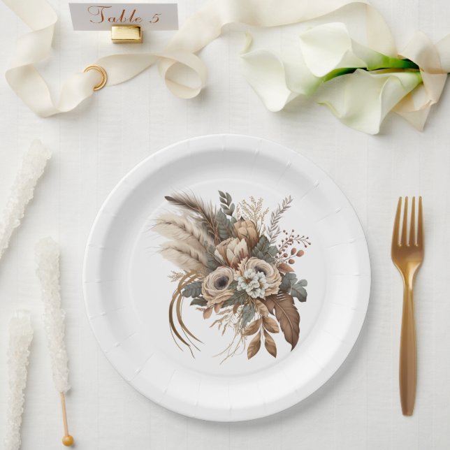 Elegant Flowers Foliage and Feathers Paper Plate (Wedding)