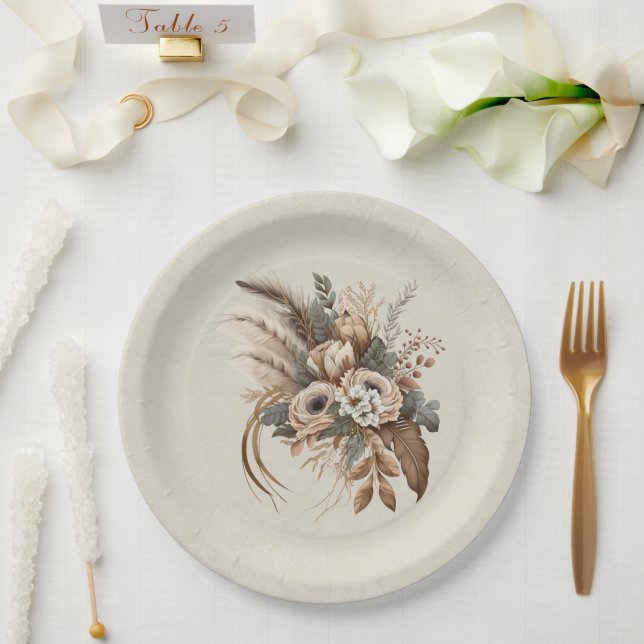 Elegant Flowers Foliage and Feathers Paper Plate (Wedding)