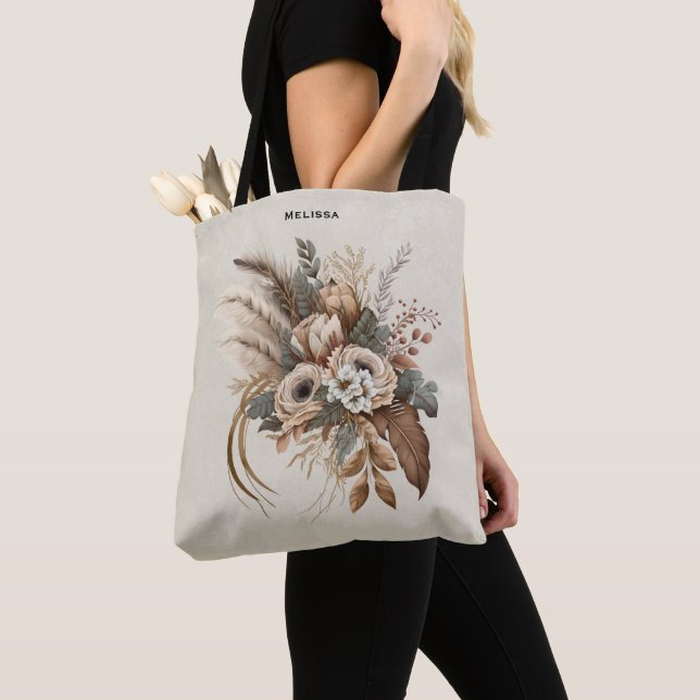 Elegant Flowers Foliage and Feathers Tote Bag (Close Up)