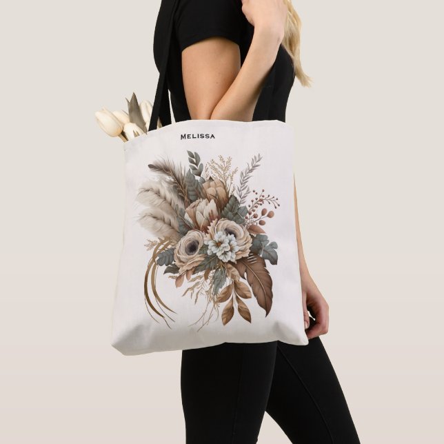 Elegant Flowers Foliage and Feathers Tote Bag (Close Up)