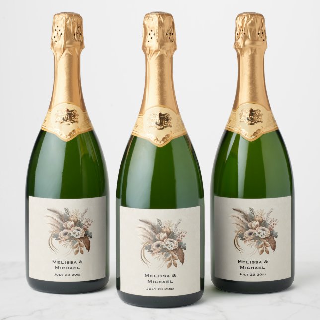 Elegant Flowers Foliage and Feathers Wedding Sparkling Wine Label (Bottles)