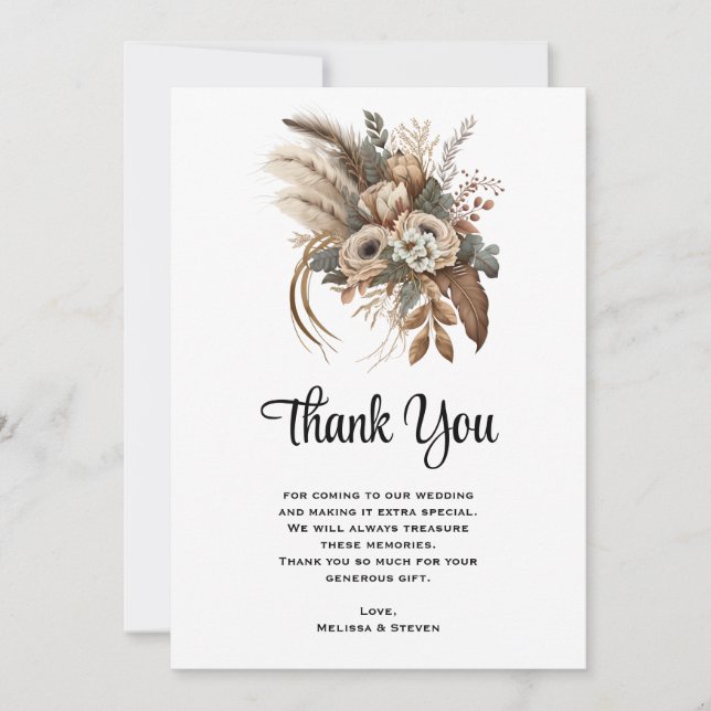 Elegant Flowers Foliage and Feathers Wedding Thank You Card (Front)