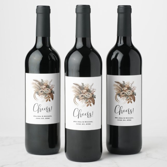 Elegant Flowers Foliage and Feathers Wedding Wine Label (Bottles)