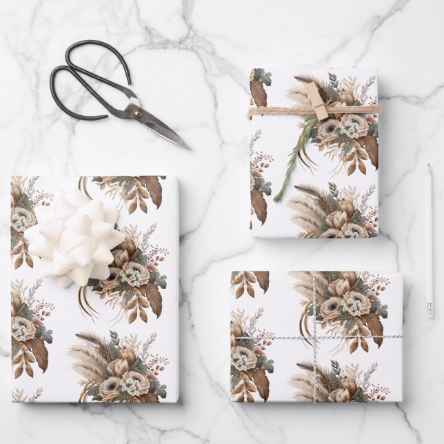 Elegant Flowers Foliage and Feathers Wrapping Paper Sheet (Front)