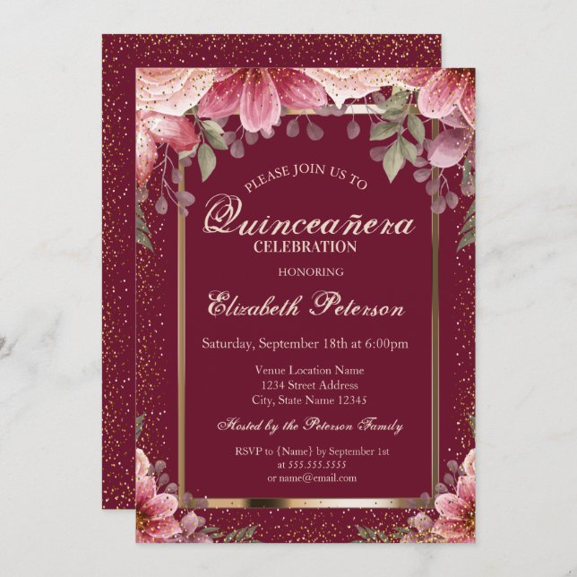 Elegant Flowers Frame Confetti  Quinceañera Invitation (Front/Back)