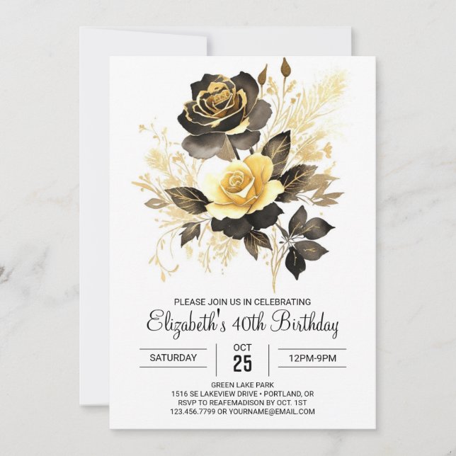 Elegant Flowers Gold and Black 30th Birthday Invitation (Front)