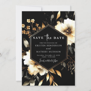 Elegant Flowers Gold and Black Wedding Save The Date