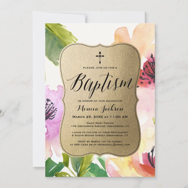 Elegant Flowers Gold | Baptism Invitation (Front)