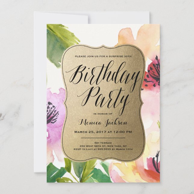 Elegant Flowers Gold | Birthday Party Invitation (Front)