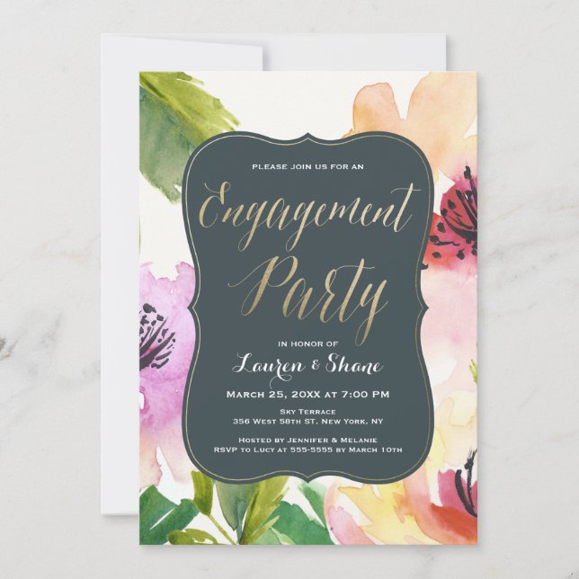 Elegant Flowers Gold Engagement Party Invitation (Front)