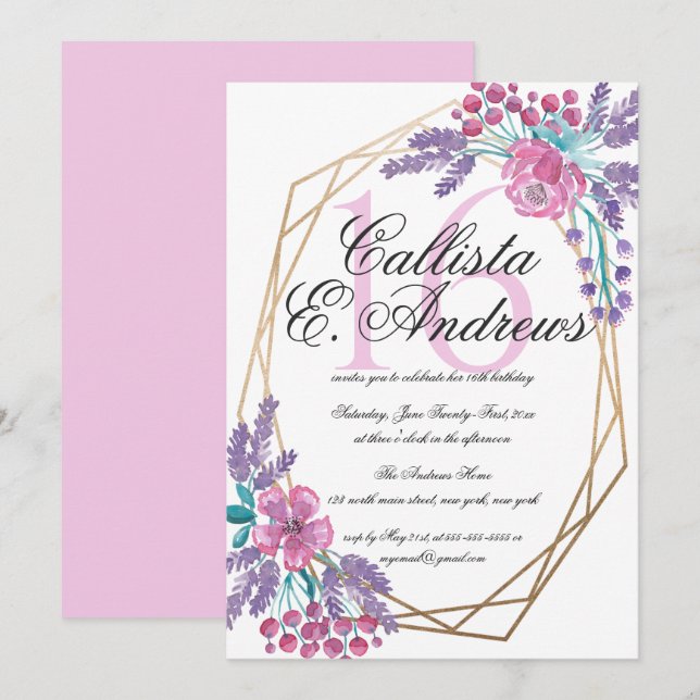 Elegant Flowers Gold Terrarium Watercolor Sweet 16 Invitation (Front/Back)