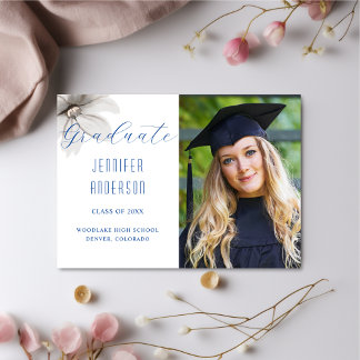 Elegant Flowers Grad Photo Announcement Blue