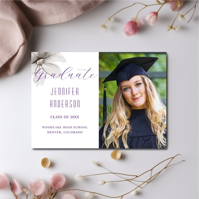 Elegant Flowers Grad Photo Announcement Purple (Creator Uploaded)