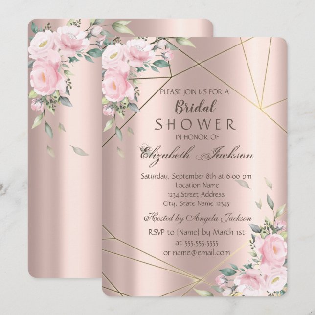 Elegant Flowers Lines Rose Gold Bridal Shower Invitation (Front/Back)