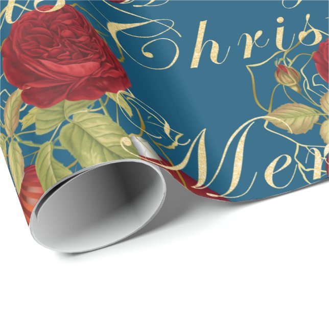 Elegant flowers Merry Christmas gold glitter blue Wrapping Paper (Roll Corner)