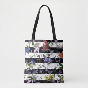 Elegant Flowers on Black and White Stripes Tote Bag