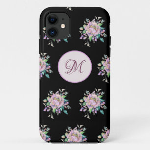 Elegant Flowers Pastel Watercolor Monogram Black iPhone 11 Case