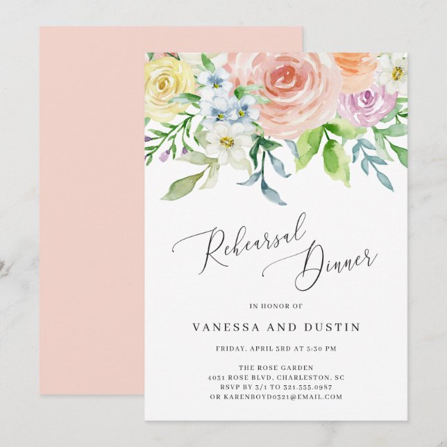 Elegant Flowers Peach Floral Rehearsal Dinner Invitation (Front/Back)