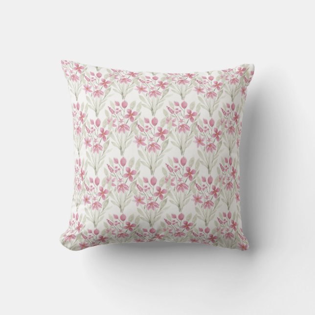 Elegant Flowers Pink Sage Green Watercolor Floral Cushion (Front)