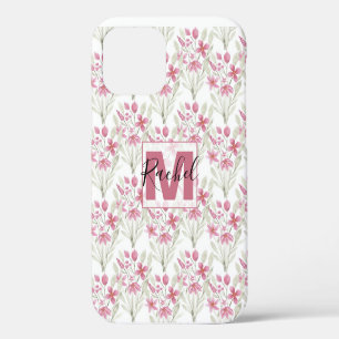Elegant Flowers Pink Sage Green Watercolor Floral iPhone 12 Case