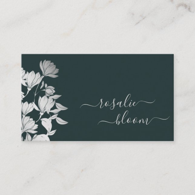 Elegant Flowers Simple Floral Pattern Dark Green Business Card (Front)