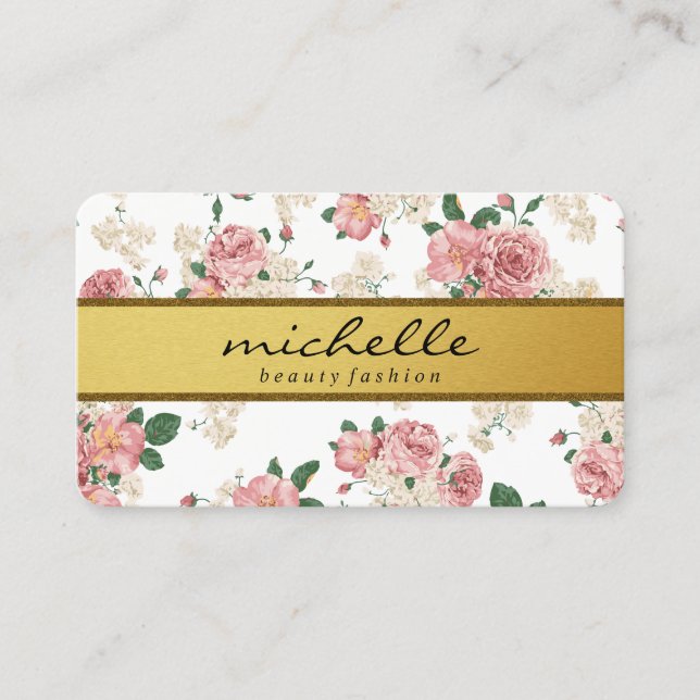 Elegant Flowers Vintage Gold Band Business Card (Front)