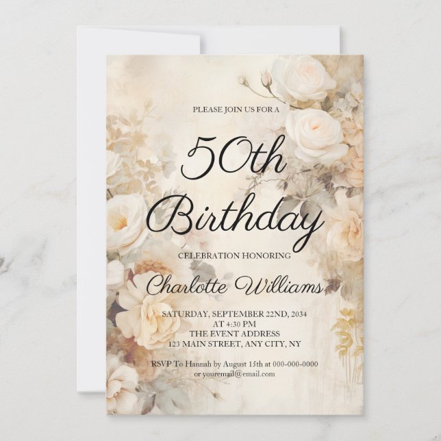 Elegant Flowers Vintage Themed 50th Birthday Invitation (Front)