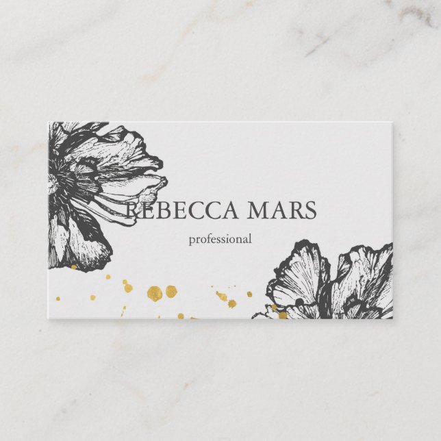 Elegant flowers with golden drops business card (Front)