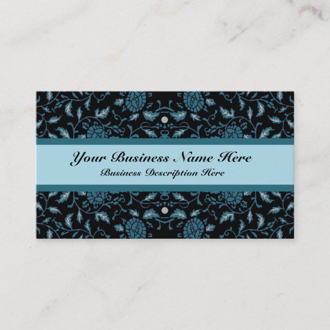 Elegant Flowery Black and Teal Damask Business Card (Front)