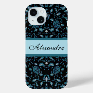 Elegant Flowery Black and Teal Damask iPhone 15 Case