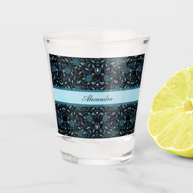Elegant Flowery Black and Teal Damask Shot Glass (Front)