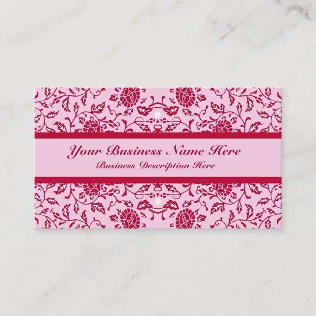 Elegant Flowery Pink and Red Damask Business Card (Front)